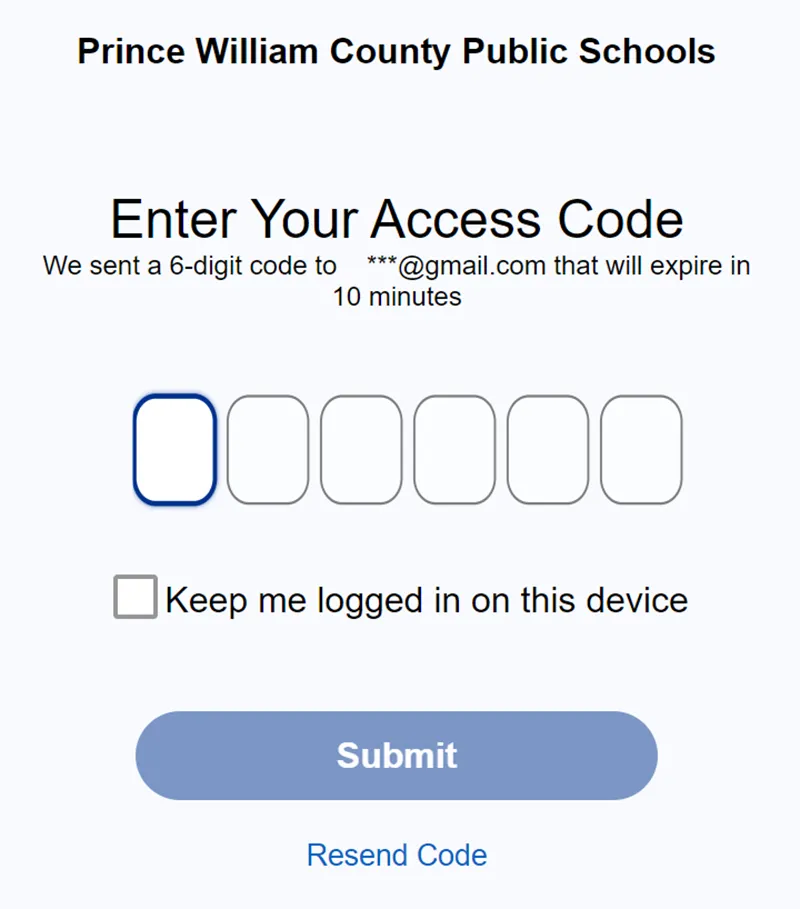 Screenshot of the webpage where parents and guardians enter their access code