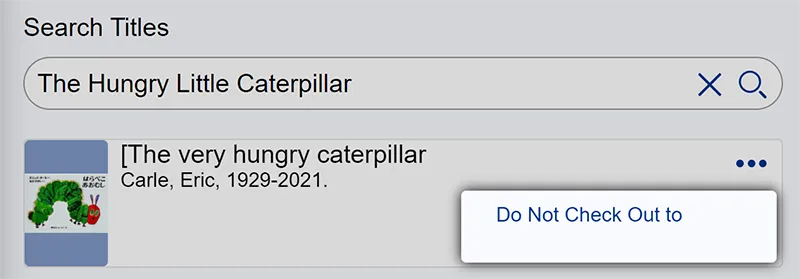 Screenshot of a library material search result and adding a restriction for a student