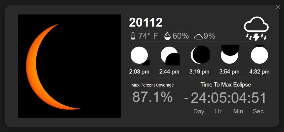 Simulation of the 2024 solar eclipse in Manassas, Virginia. Five images of the moon and sun are shown with the peak of 87.1% of the sun blocked by the moon at 3:19 p.m.