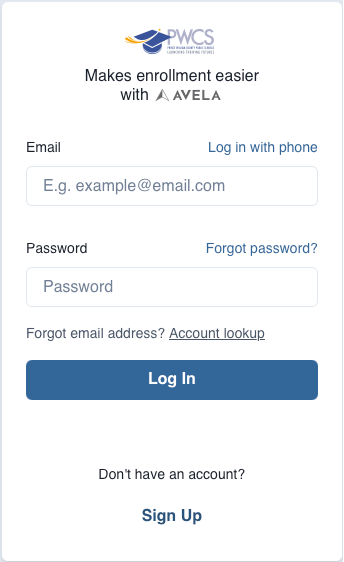 Login form for PWCS with fields for email and password, designed to facilitate enrollment with Avela.