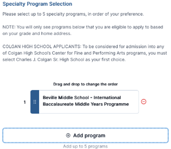 Screen showing a specialty program selection form for Colgan High School, highlighting the option to choose programs by preference order.
