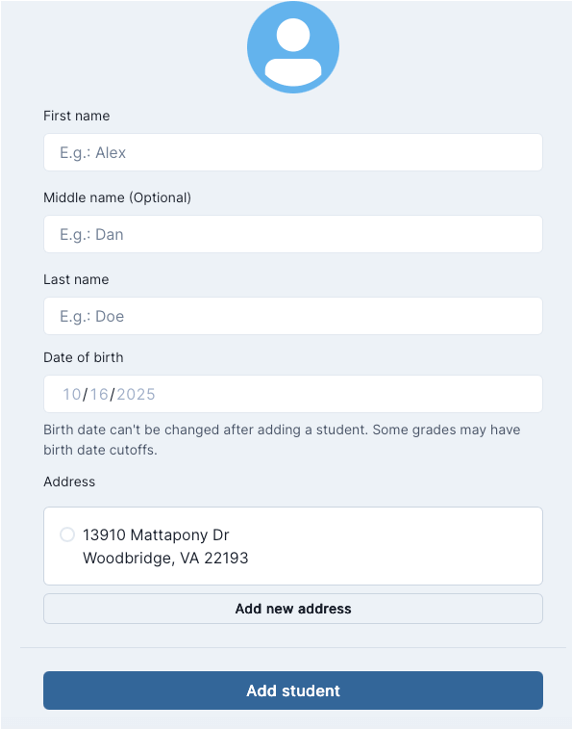 User interface form for adding a new student with fields for first name, middle name, last name, date of birth, and address.