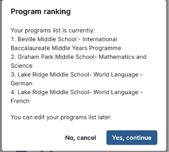 Screenshot of a program ranking interface displaying a list of schools and their respective programs.