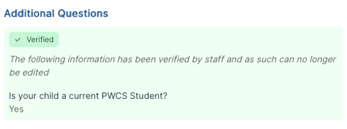 Verified status message indicating that the information cannot be edited, followed by a question about the child's enrollment status.