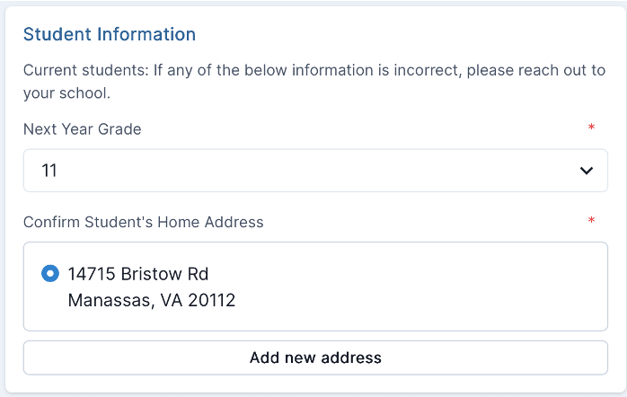 Student information form displaying fields for next year grade selection and confirmation of home address.
