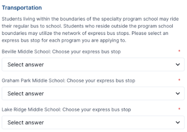 Screenshot of a transportation selection form for students applying to a specialty program school, featuring drop-down menus for selecting express bus stops for Beville Middle School, Graham Park Middle School, and Lake Ridge Middle School.