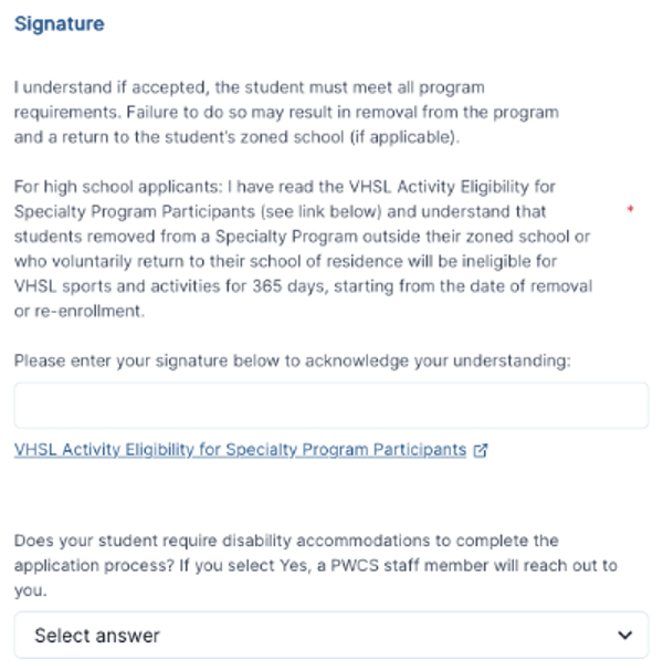 Signature field for student program acknowledgment and agreement to eligibility requirements for specialty program participants.