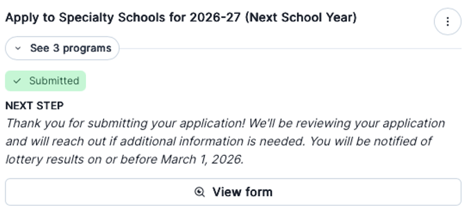 Confirmation message for application submission to specialty schools for the 2026-27 school year.