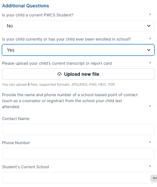 Form field layout asking additional questions regarding a child's enrollment status in school, with options to upload documents.