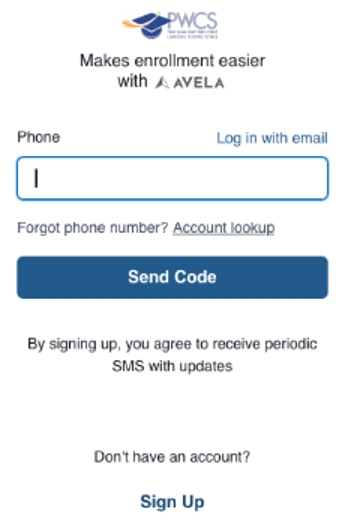 PWCS enrollment interface prompting users to enter their phone number for SMS updates.