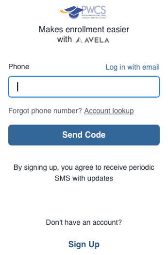PWCS enrollment interface prompting users to enter their phone number for SMS updates.
