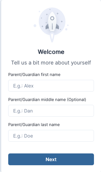 Welcome form illustration with fields for inputting parent or guardian names.