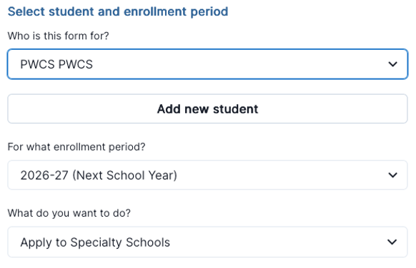 Dropdown menu for selecting student and enrollment period for PWCS applications.