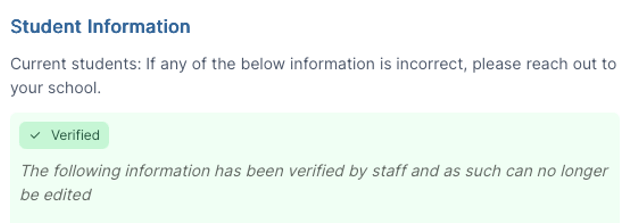 Verified status message indicating that the student information has been confirmed by staff and cannot be edited.