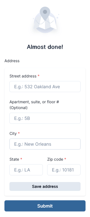 Form interface for entering address details, including fields for street address, apartment number, city, state, and zip code.