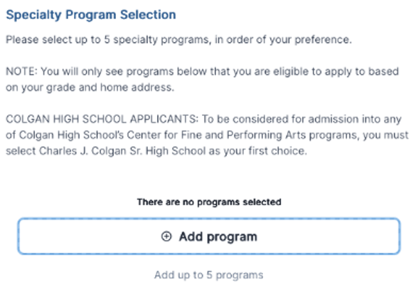 Screenshot of a web form for selecting specialty programs for high school applications, highlighting the option to choose up to 5 programs based on preference.