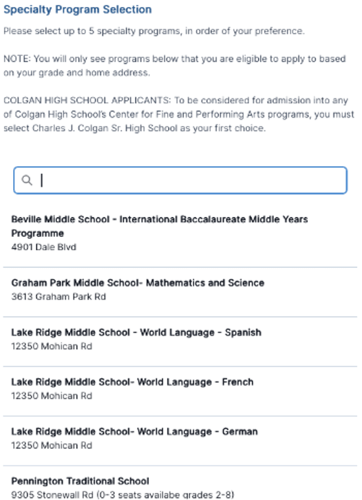 Dropdown menu for selecting specialty programs at Colgan High School, featuring options for various middle and high schools and their respective focus areas.