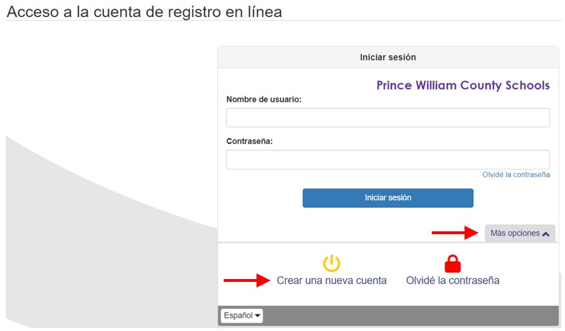 Captura de pantalla del Acceso a la cuenta de registro en línea