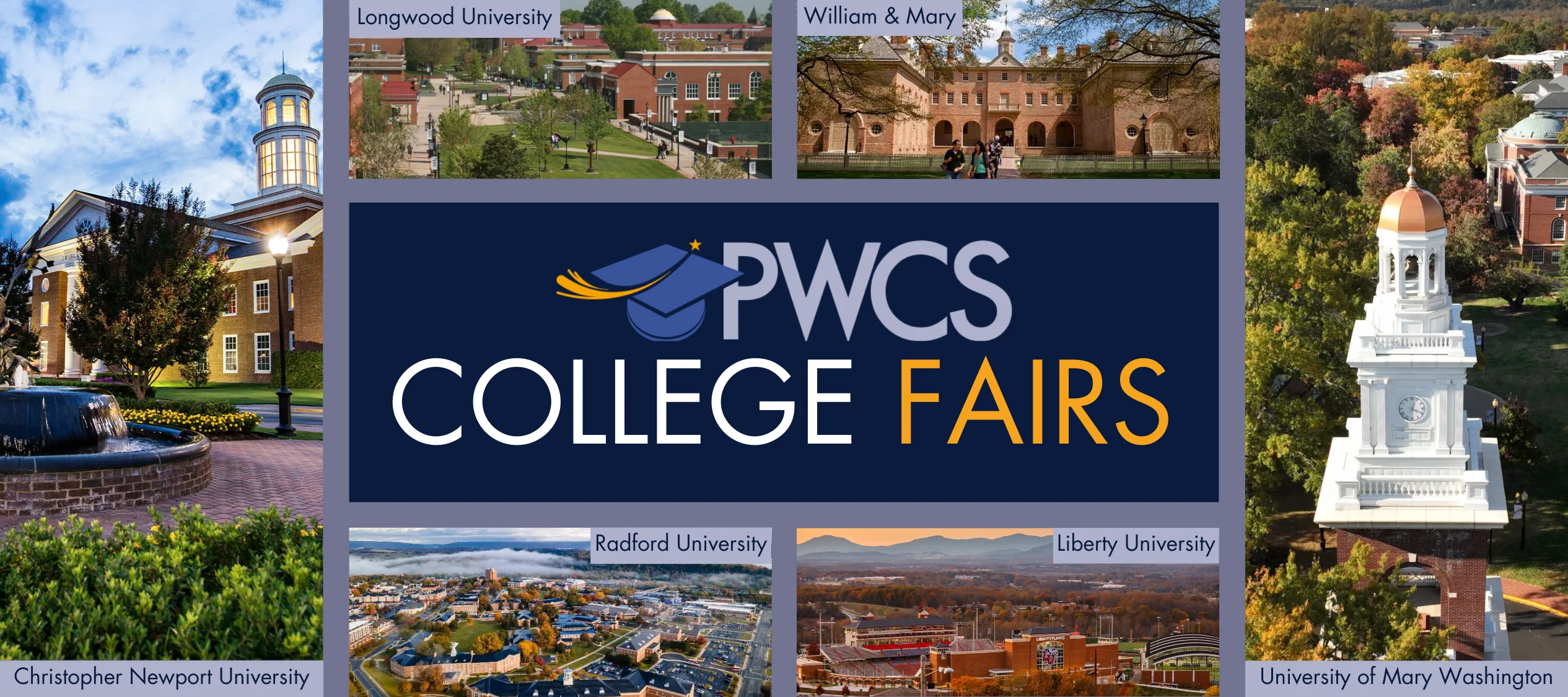PWCS College Fair webpage banner featuring a collage of the following universities: Longwood, William and Mary, Mary Washington, Liberty, Radford, and Christopher Newport