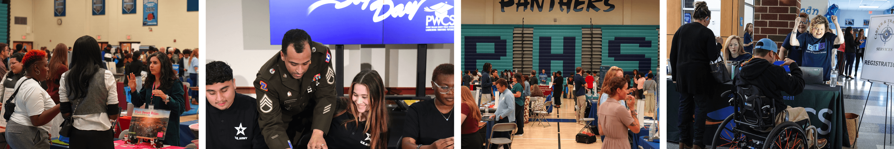 Photo collage banner featuring students at various events throughout PWCS to include college fairs, transportation fair and career days.