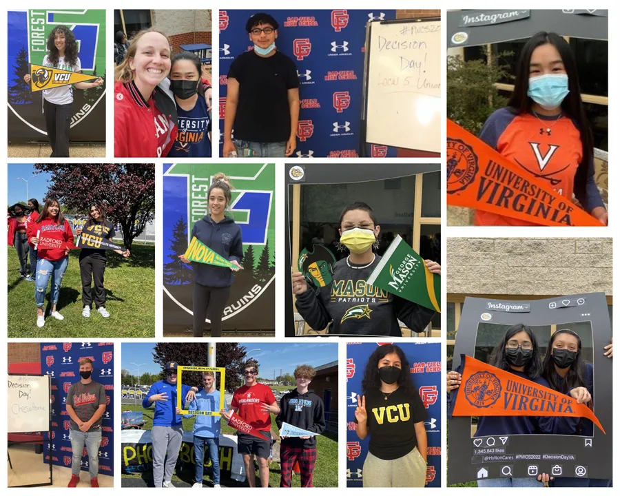 Collage of seniors across PWC high school on Decision Day - a day celebrating the path seniors have chosen after graduating from high school. Students are holding signs their chosen paths. 