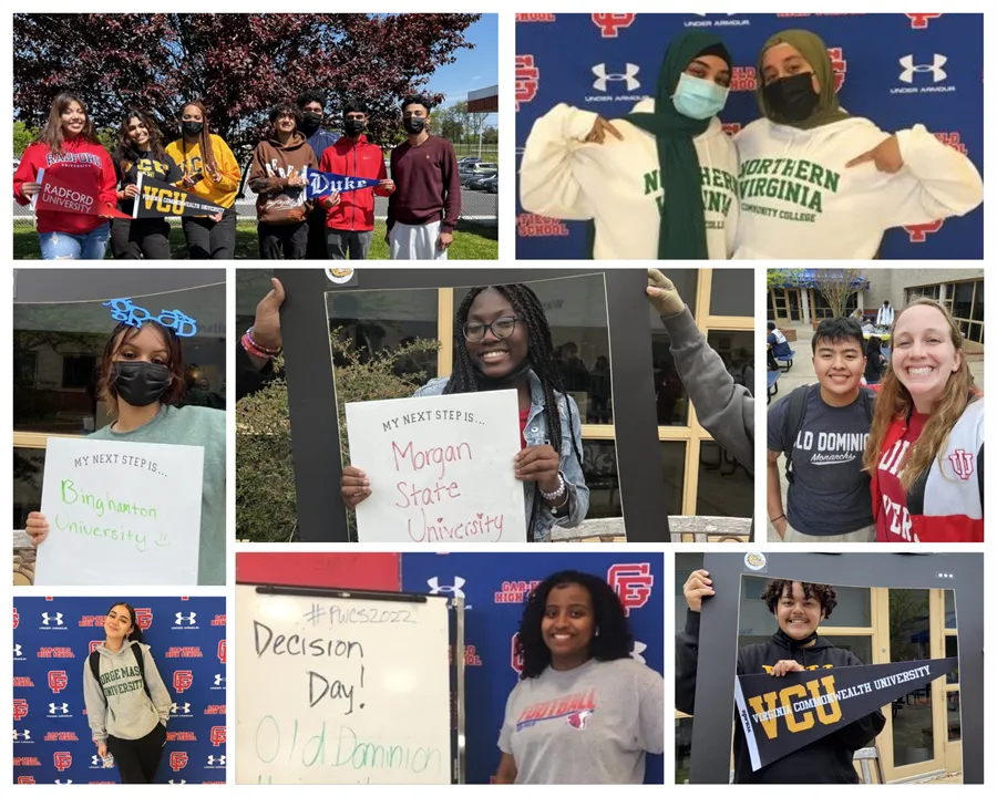 Collage of seniors across PWC high school on Decision Day - a day celebrating the path seniors have chosen after graduating from high school. Students are holding signs their chosen paths