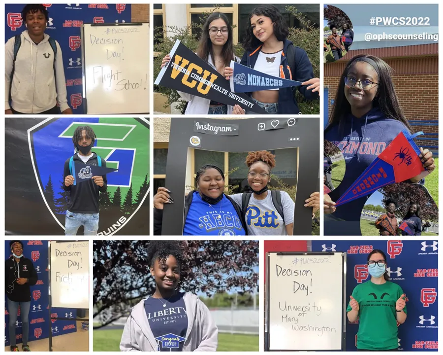 Collage of seniors across PWC high school on Decision Day - a day celebrating the path seniors have chosen after graduating from high school. Students are holding signs their chosen paths. 