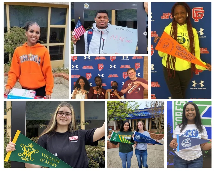 Seniors across PWC high school on Decision Day - a day celebrating the path seniors have chosen after graduating from high school. Students are holding signs their chosen paths