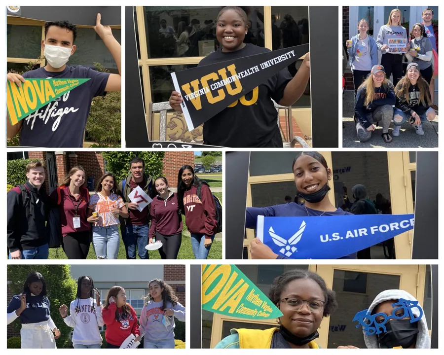 Collage of seniors across PWC high school on Decision Day - a day celebrating the path seniors have chosen after graduating from high school. Students are holding signs their chosen paths. 
