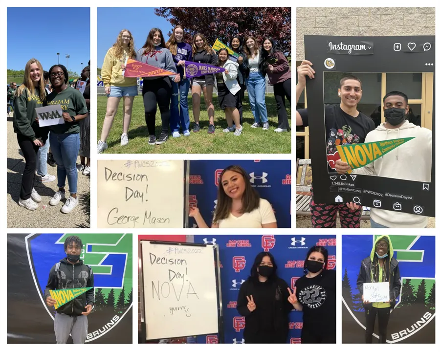 Collage of seniors across PWC high school on Decision Day - a day celebrating the path seniors have chosen after graduating from high school. Students are holding signs their chosen paths