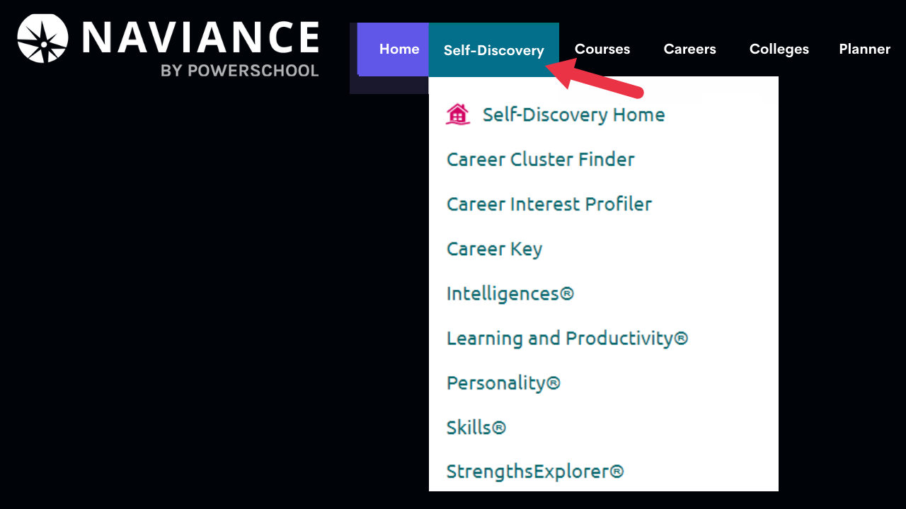 Screenshot of the Naviance screen with a red arrow pointing to the self-discovery tab in the top drop-down menu