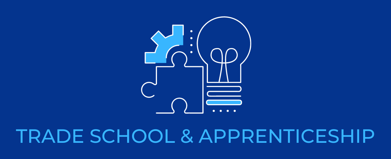 Trade School and Apprenticeship webpage banner with a pictograph showing a lightbulb, puzzle poece, and part of a wheel