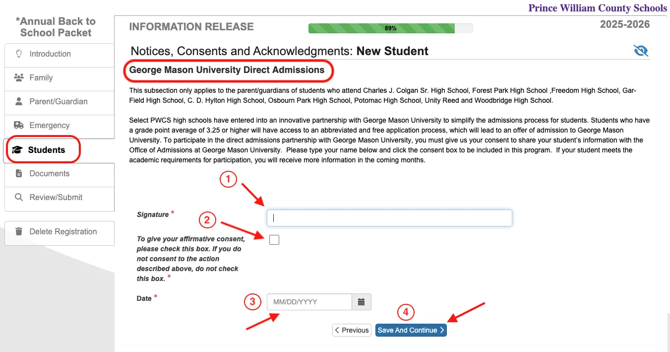 Screenshot of ParentVUE page to consent to release information for GMU direct admissions program
