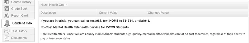 Screenshot of the top of the Hazel Health opt-in form in ParentVUE