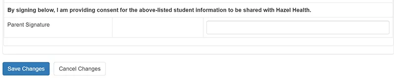 Screenshot of the parent/guardian signature section of the Hazel Health opt-in form in ParentVUE
