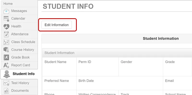 Screenshot of Student Info screen in ParentVUE with Edit Information button highlighted