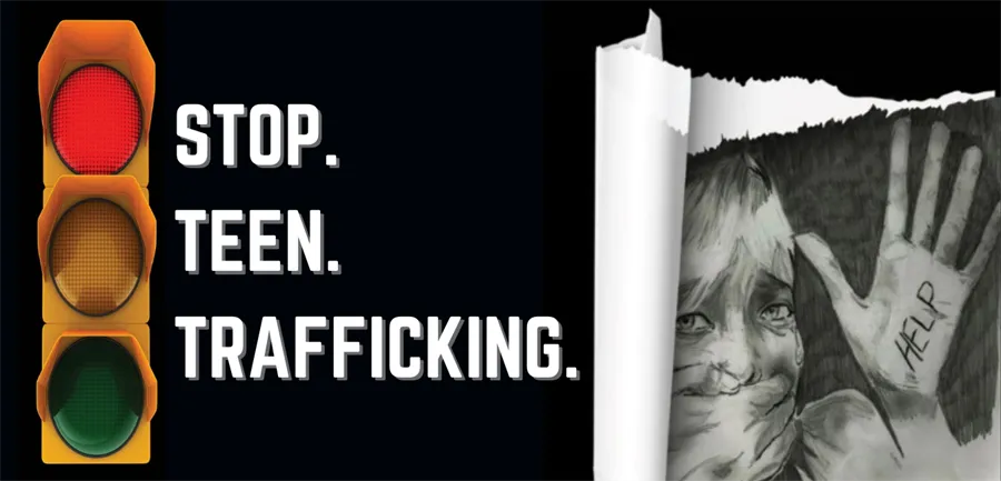 Human Trafficking Prevention Banner with text—Stop. Human. Trafficking. Picture of a stoplight and an image of a girl with a hand covering her mouth