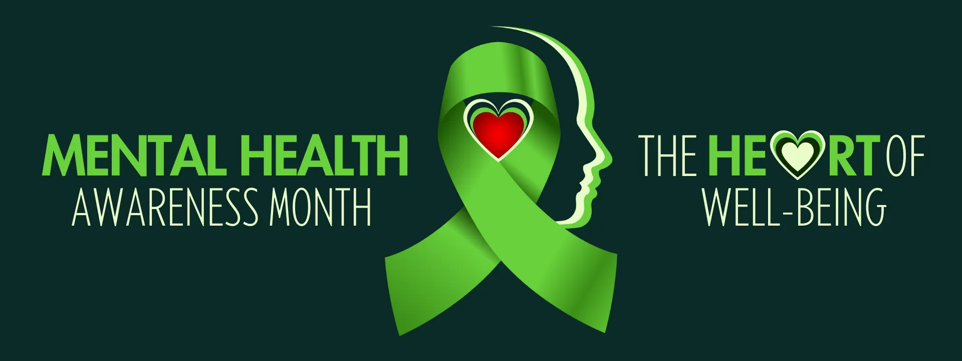 Mental Health Awareness Month - the heart of well-being featuring a heart inside of a head graphic