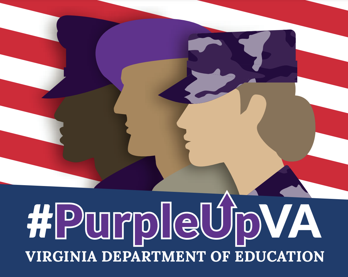 Purple Up Virginia Department of Education with three military figures