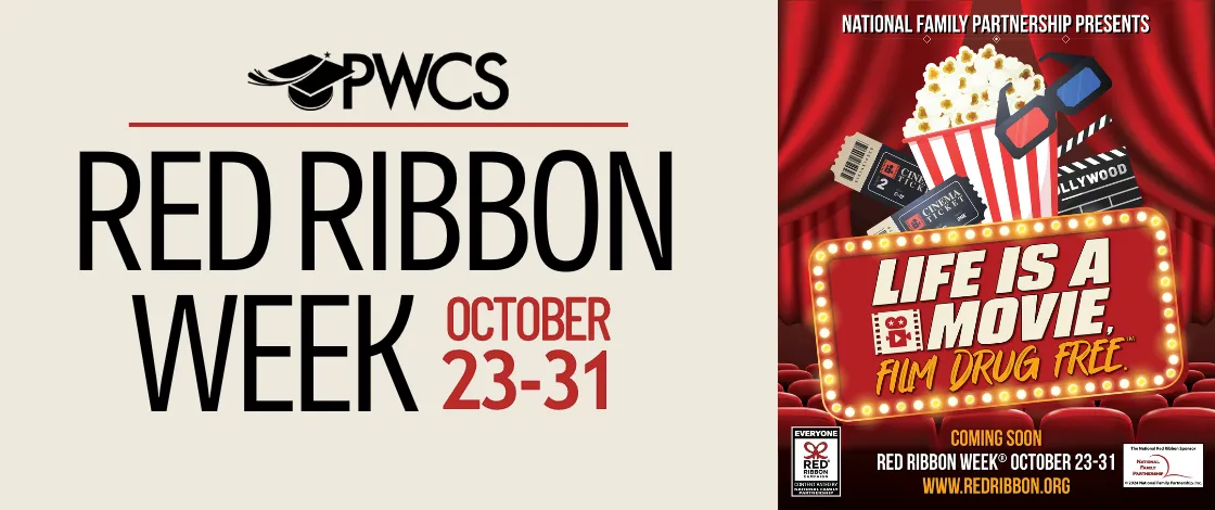 Red Ribbon Week October 23-31 webpage banner with red ribbon illustration Red Ribbon Week October 23-31 webpage banner with red ribbon illustration and National Family Partnership logo