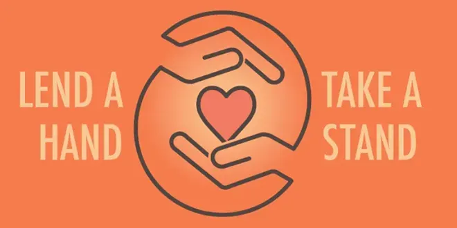 Two hands cupping a heart and text lend a hand take a stand