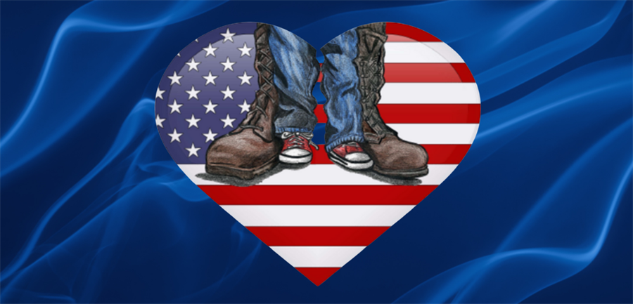 Webpage banner for Military-connected student support with an illustration of military boots encompassing a child's legs and boots with the American flag as the backdrop