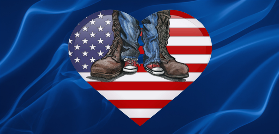 Banner for Military-connected student support with an illustration of military boots encompassing a child's legs and boots with the American flag as the backdrop