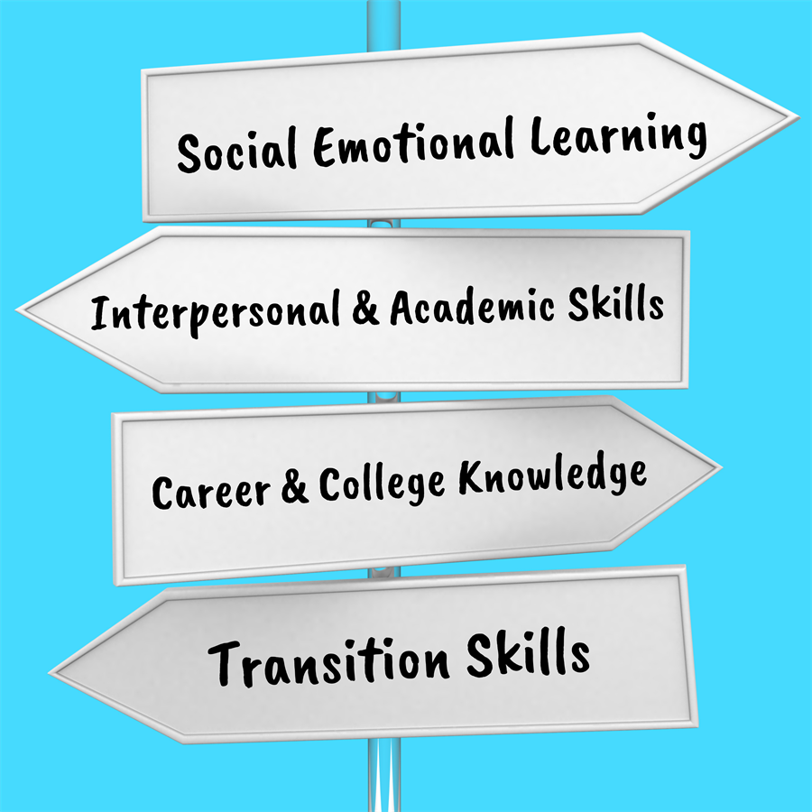 Directional signs showing social emotional learning, interpersonal and academic skills, career and college knowledge, and transition skills