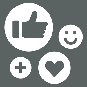 social media icons featuring thumbs up, smiling face, addition sign, and heart