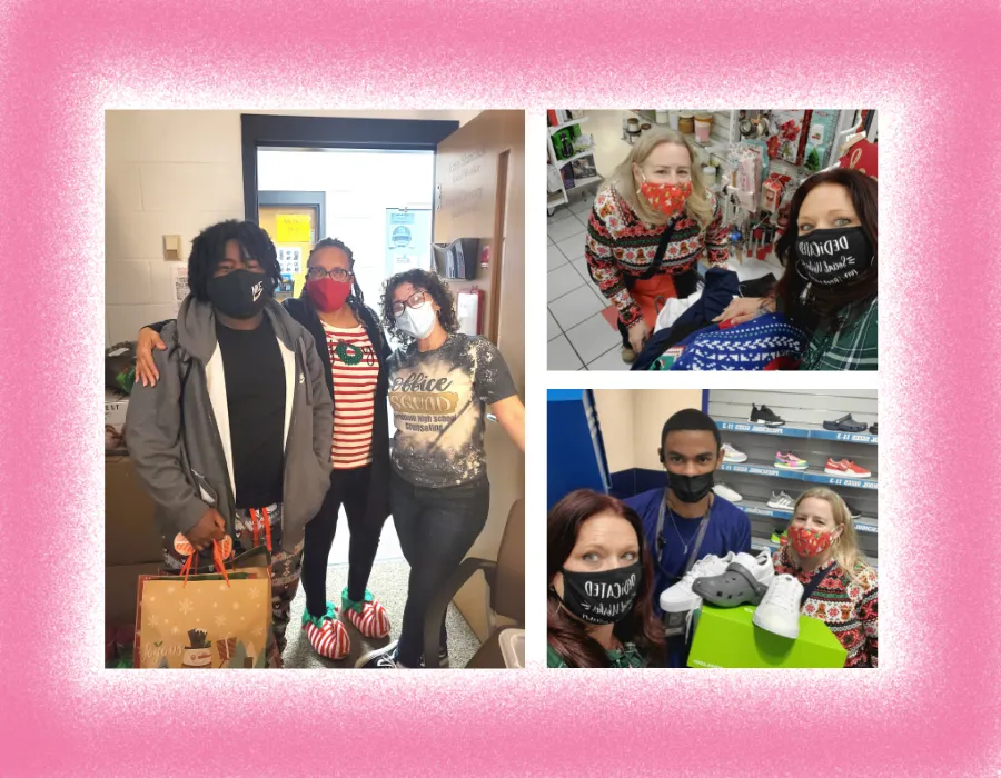 Photo collage of two social workers and students with items Freedom High school collected for families during the holiday season.