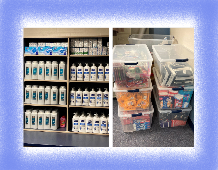 Two photos showing hygiene products collected for students in need at Neabsco Elementary School.