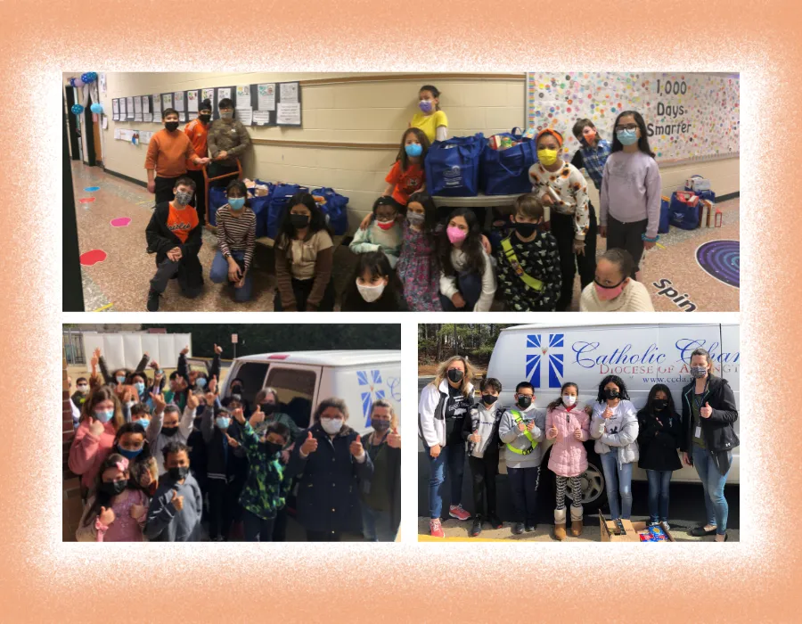 School social worker at Enterprise and Rosa Parks shown in photo collage with students with collection for food drive.