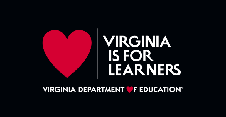 Virginia Department of Education Logo with Text: Virginia is for Learners with an image of a heart