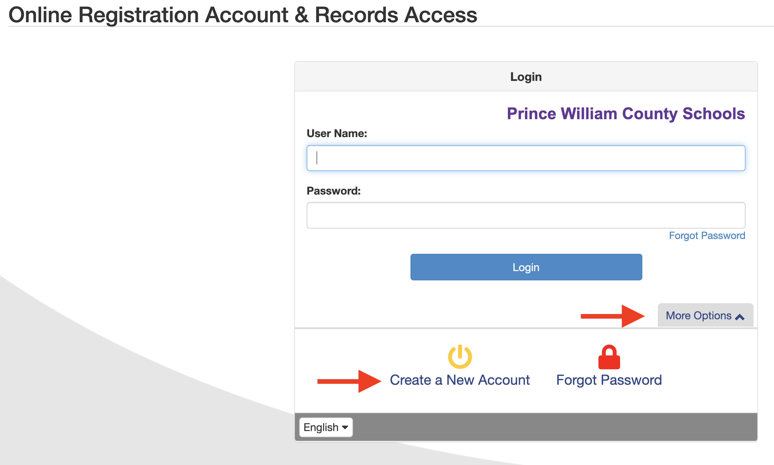 Screenshot of Online Registration Account and Records Access screen